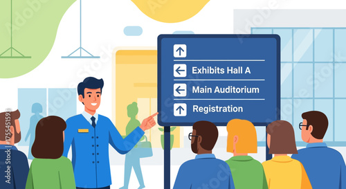 Providing Directions At Event, Convention Hall With Guide, Attendees, And Signage