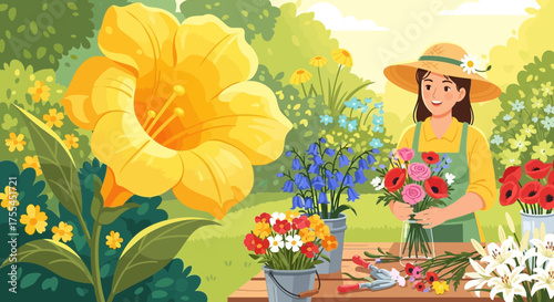 Florist in a colorful garden arranging bouquets of assorted flowers on table