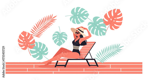 Relaxed Summer Sunbathing Woman Amidst Tropical Foliage On Stylish Deck Chair