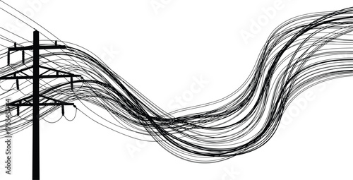 High voltage electric power lines and transmission pole silhouette vector illustration, energy distribution network system design, electricity infrastructure technology background concept