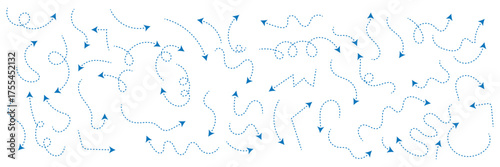 Hand drawn dotted arrows. Hand drawn freehand different curved lines, swirls arrows. Curved arrow line. Doodle, sketch style. Isolated Vector illustration.