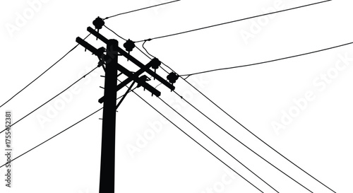 High voltage electric power pole with multiple cables and insulators, detailed black and white silhouette vector illustration of energy transmission infrastructure