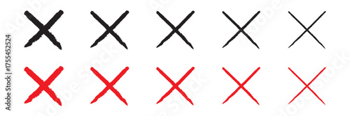 set of X icon. Red and black brush cross. Grunge letter mark. Sketch sign isolated on white background. Hand drawn calligraphy. Drawing vote symbol. Handwritten crosses. X shape graphic texture.