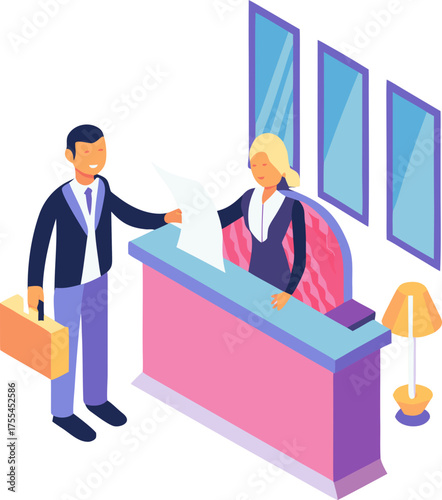 Concierge service interaction with a guest at hotel reception, modern design with friendly staff