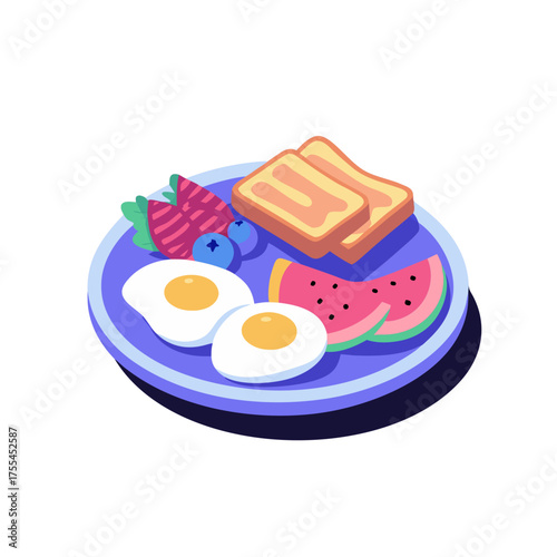 Delicious breakfast plate featuring eggs, toast, fruits, and watermelon, perfect for hotel service