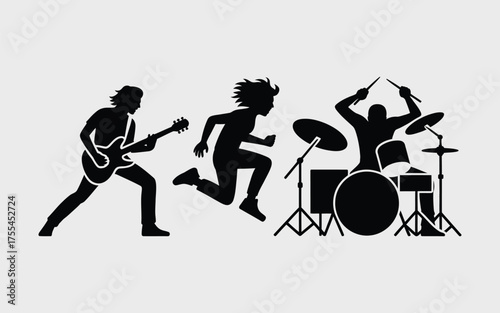 Black silhouettes of musicians playing guitar and drums band