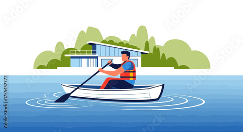 Rowing Man Floats In A Boat Near Modern Architecture And Lush Green Hills