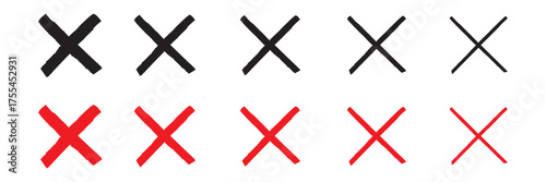 set of X icon. Red and black brush cross. Grunge letter mark. Sketch sign isolated on white background. Hand drawn calligraphy. Drawing vote symbol. Handwritten crosses. X shape graphic texture.