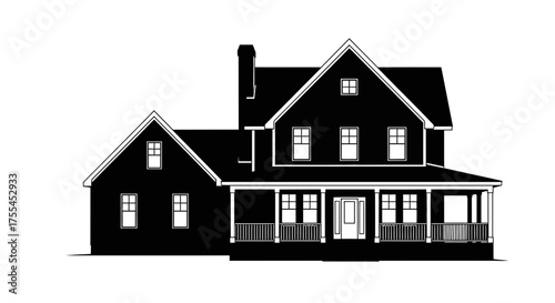 Classic American farmhouse silhouette with welcoming front porch and chimney