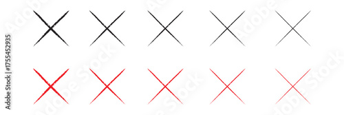set of X icon. Red and black brush cross. Grunge letter mark. Sketch sign isolated on white background. Hand drawn calligraphy. Drawing vote symbol. Handwritten crosses. X shape graphic texture.
