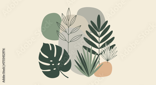 Abstract botanical illustration with leaves and shapes.