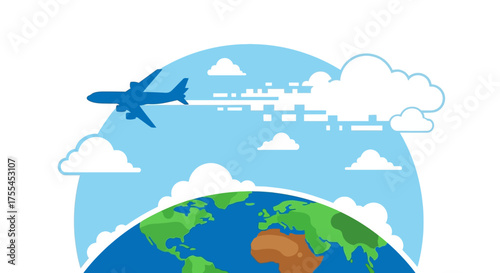 Airplane flying around the Earth with clouds.