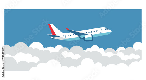 Airplane soaring above clouds in a blue sky.