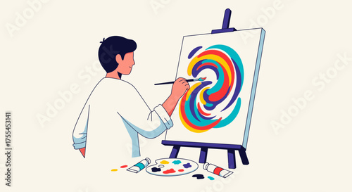 Artist painting a colorful abstract swirl on a canvas.