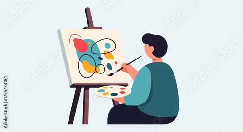 Artist painting on canvas with brush and palette.