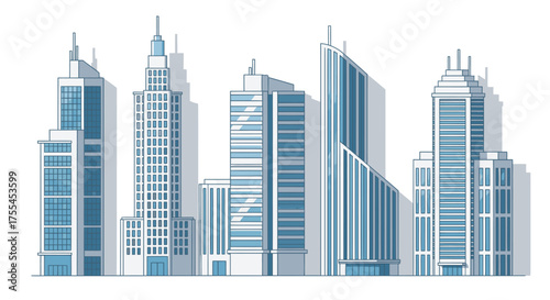Modern city skyline illustration with blue and grey skyscrapers and high-rise buildings.