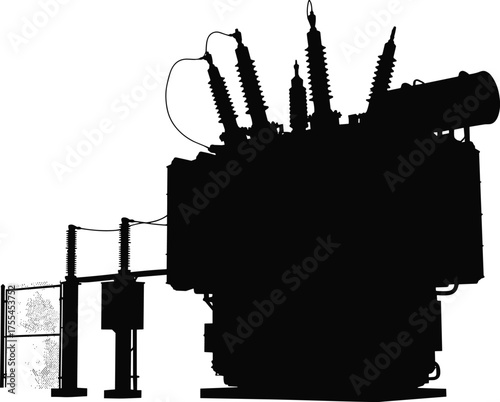 High voltage electric power transformer with insulators and cables in industrial substation area, vector illustration of energy transmission and distribution equipment.
