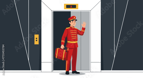 Smiling Bellhop in Formal Attire Welcoming Guests and Holding a Red Suitcase at Elevator