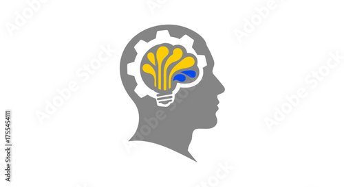 Conceptual illustration of mind mechanics with gear and brain lightbulb.