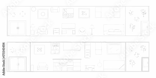 Simple line drawing floor plan of a modern apartment with furniture and outdoor elements