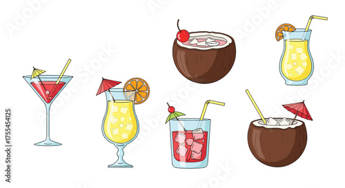 A collection of refreshing tropical cocktails and fruity drinks perfect for summer enjoyment.