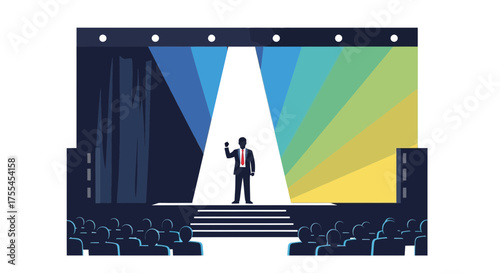 Speaker Gives A Presentation In Front Of An Audience On A Stage With Lights And Colors