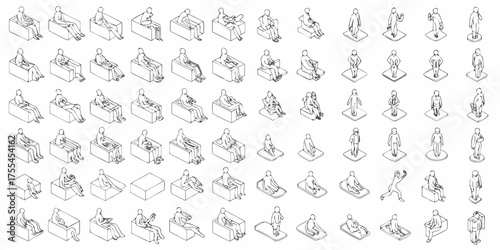 Collection of isometric line drawings depicting various human figures in sitting and standing poses