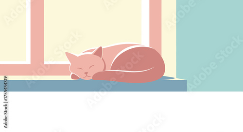 Cozy Cat Sleeping on Windowsill in Warm Sunlight.