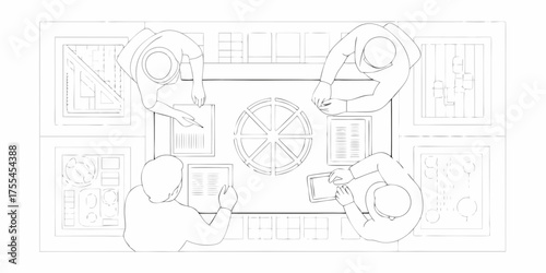 Top view sketch of a team collaborating around a table with documents and charts