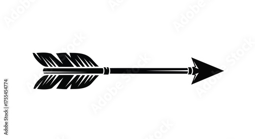 Classic arrow with feather fletching points forward against white background