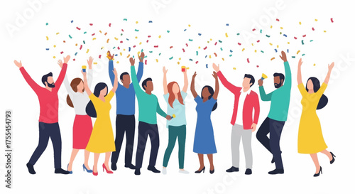 Diverse group of happy people celebrating with confetti falling around them.