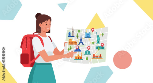 Tourist's Travel Itinerary: Woman Planning International Adventures With Map and Landmarks