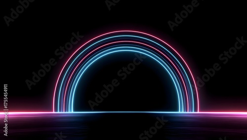 Illuminated archway of glowing neon lights in a dark futuristic environment with reflective surface and abstract design