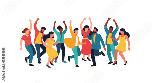 Diverse group of people dancing and celebrating together.