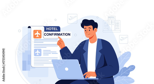 Travel Booking Illustration: Businessman Checking Hotel Confirmation on Laptop for Trip.