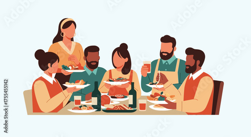 Family Gathering Around Dinner Table Illustration.