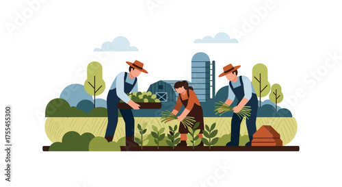 Farmers harvesting crops in a field with a barn and silo in the background.