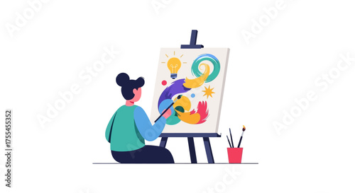 Female artist creating a colorful abstract painting on canvas.