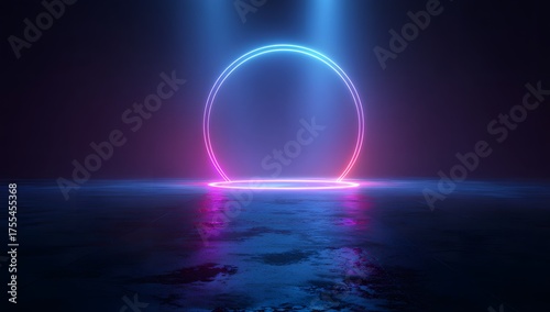 Fototapeta Naklejka Na Ścianę i Meble -  Vibrant neon oval portal glowing with electric blue and magenta light casting ethereal reflections on a dark wet textured surface creating a futuristic and mysterious gateway