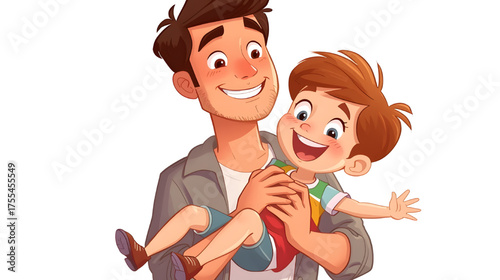 AI-generated digital illustration of a happy father holding his cheerful son, showing love, bonding, and family joy in a cute and colorful cartoon style