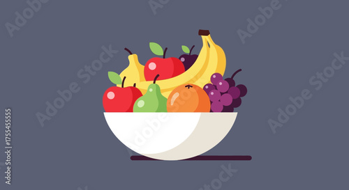 Fresh Fruit Bowl Illustration with Apples Bananas Grapes and Oranges.