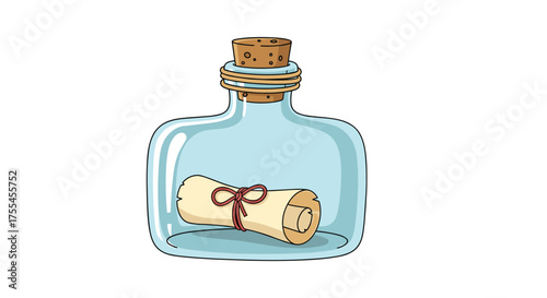 A rolled-up scroll tied with a red ribbon is sealed inside a glass bottle with a cork.