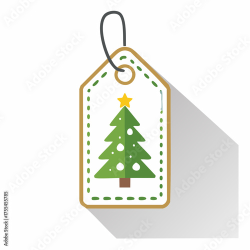 Christmas gift tag illustration with green tree, yellow star, and long shadow, modern festive holiday label design.
