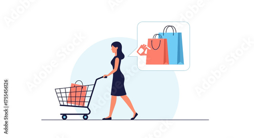 Woman Strolling With Shopping Cart And Imagining Further Purchases On White Backgrounds