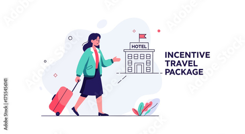 Woman Traveling With Suitcase Approaches a Hotel, Incentive Travel Program, Package Deal