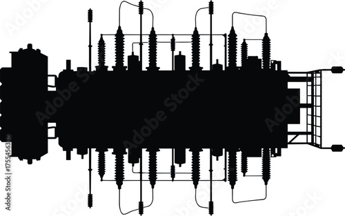 High voltage electrical transformer detailed vector illustration, industrial power substation equipment design, black and white energy infrastructure, electricity distribution system technical artwork
