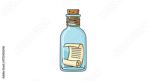 A light blue glass bottle with a cork stopper containing a rolled parchment scroll inside it.