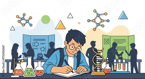 Young Student Carefully Taking Notes in Science Class During A Dynamic Scientific Presentation