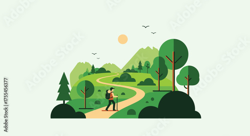 Hiking Adventure Through Scenic Green Landscape.