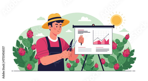 Dragon fruit farmer presenting financial growth data amidst blooming cacti field